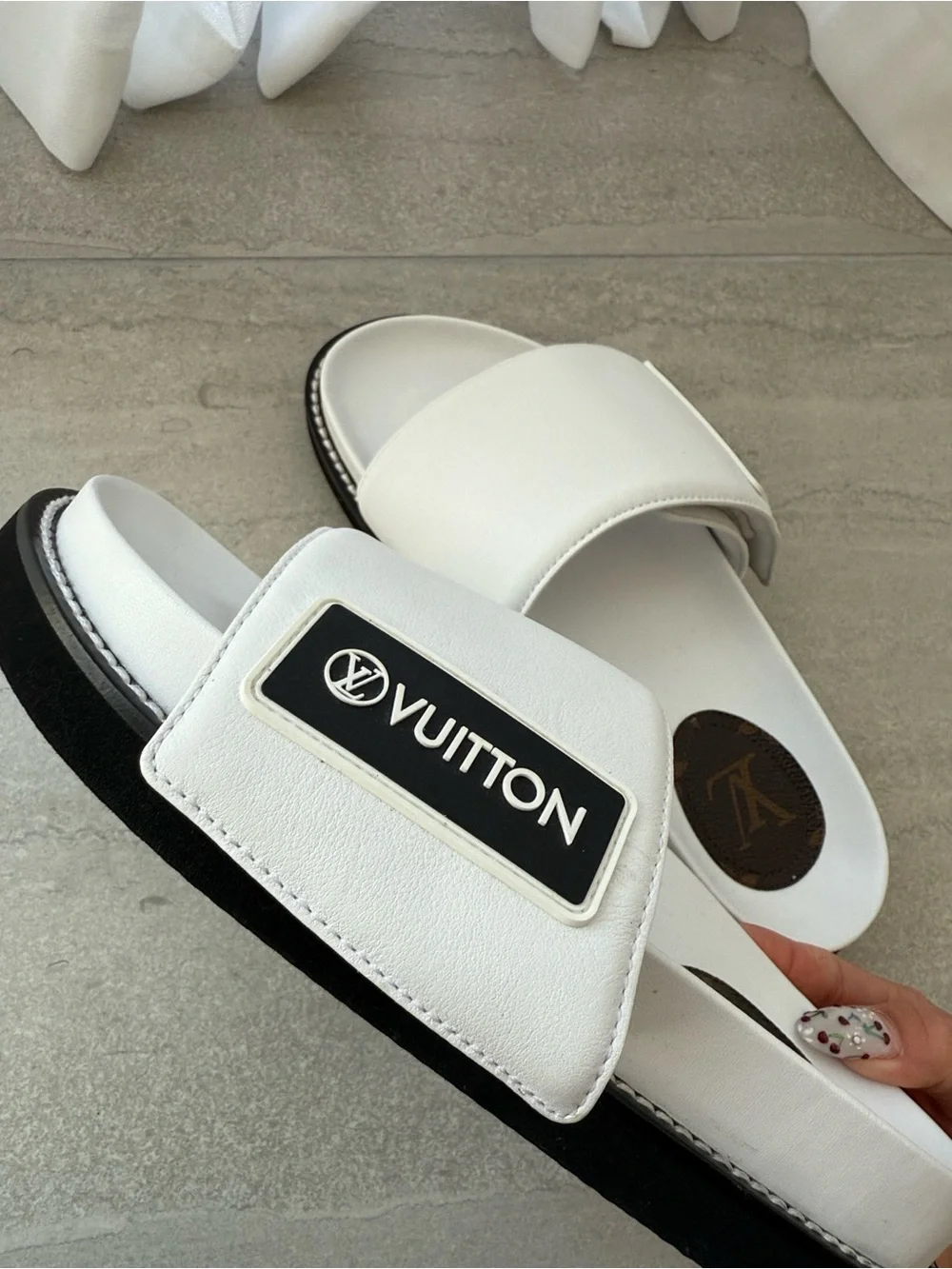 Louis Vuitton White and Black Logo Slide Sandals